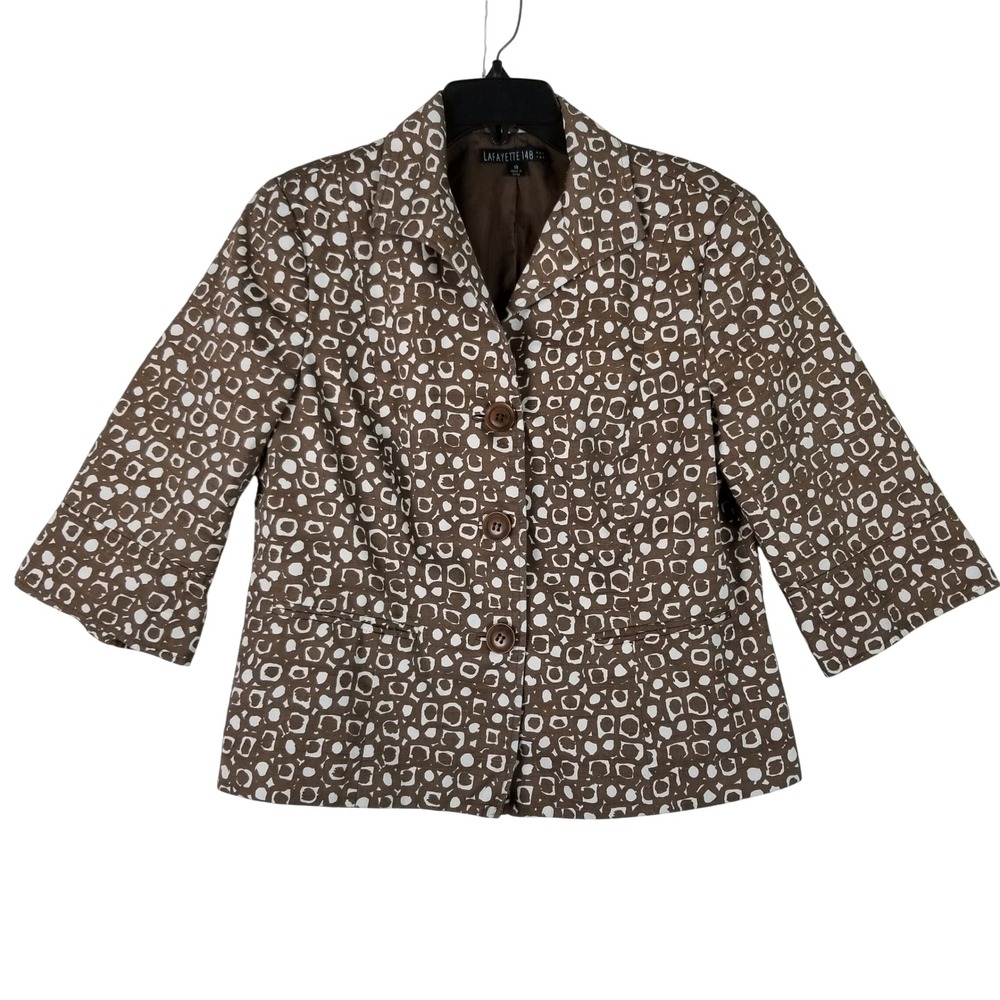 Lafayette 148 Blazer Women 14 Brown White Geometric Cotton 3/4 Sleeve Jacket